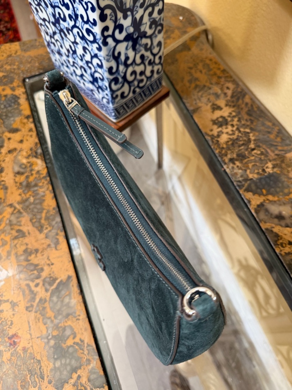 Tory Burch Dark Teal Suede Leather Hobo Small Shoulder Bag - Picture 3 of 8